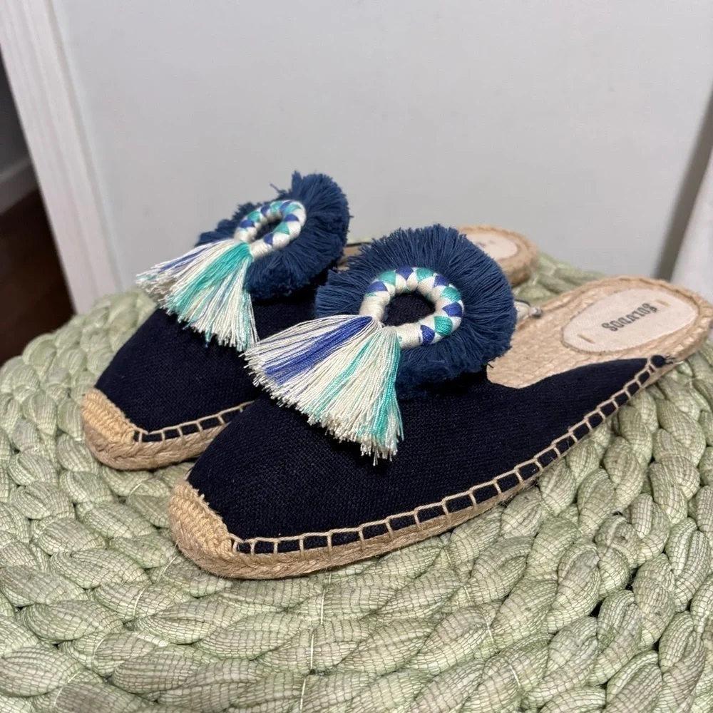 NEW Soludos Kiki Tassel Midnight Blue Canvas Slip On Flat Mule Espadrilles
